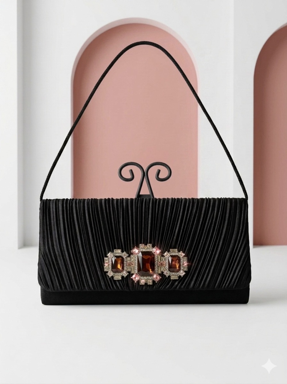 Black Evening Clutch with Jewel Accent Vintage Hollywood Glam